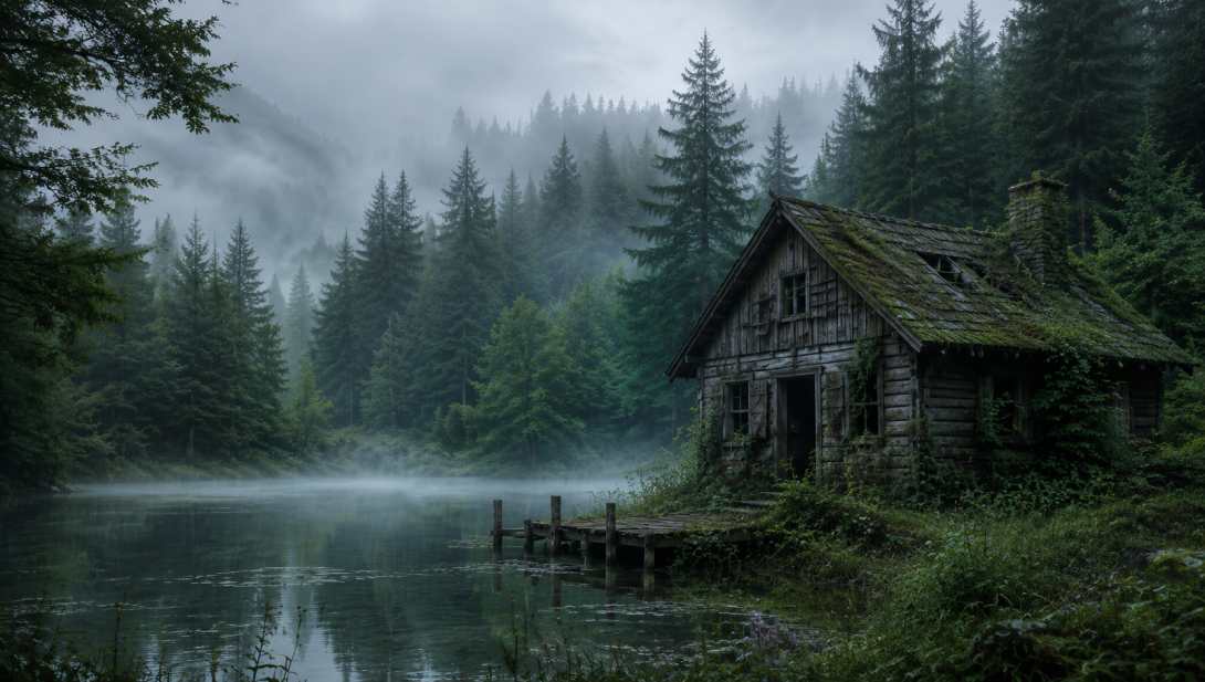 自然 景观 树木 森林 雾 湖泊 水 小屋 废弃 4K壁纸