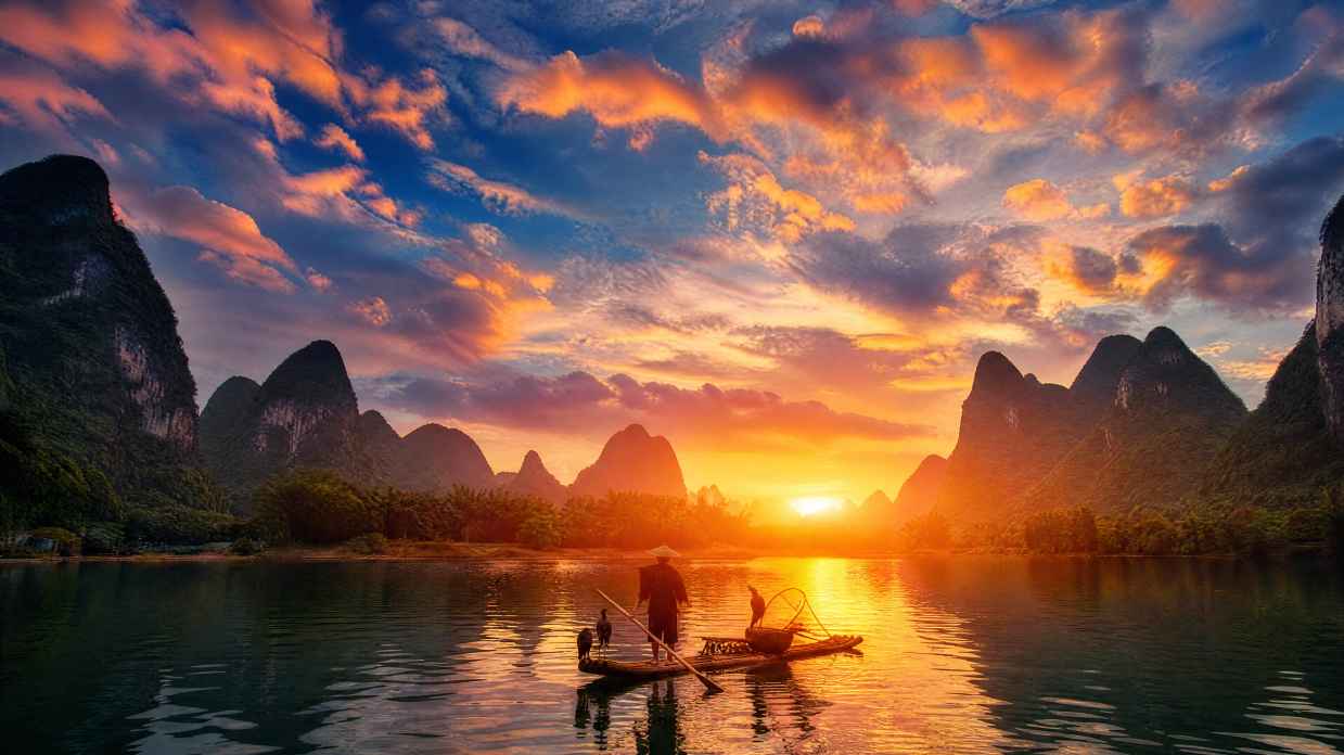 自然 风景 天空 云 山脉 船 水 河流 日落 4K壁纸