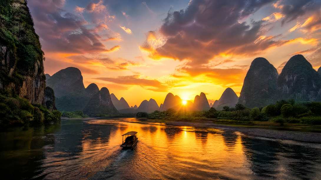 自然 风景 天空 云 山脉 船 水 河流 日落 4K壁纸