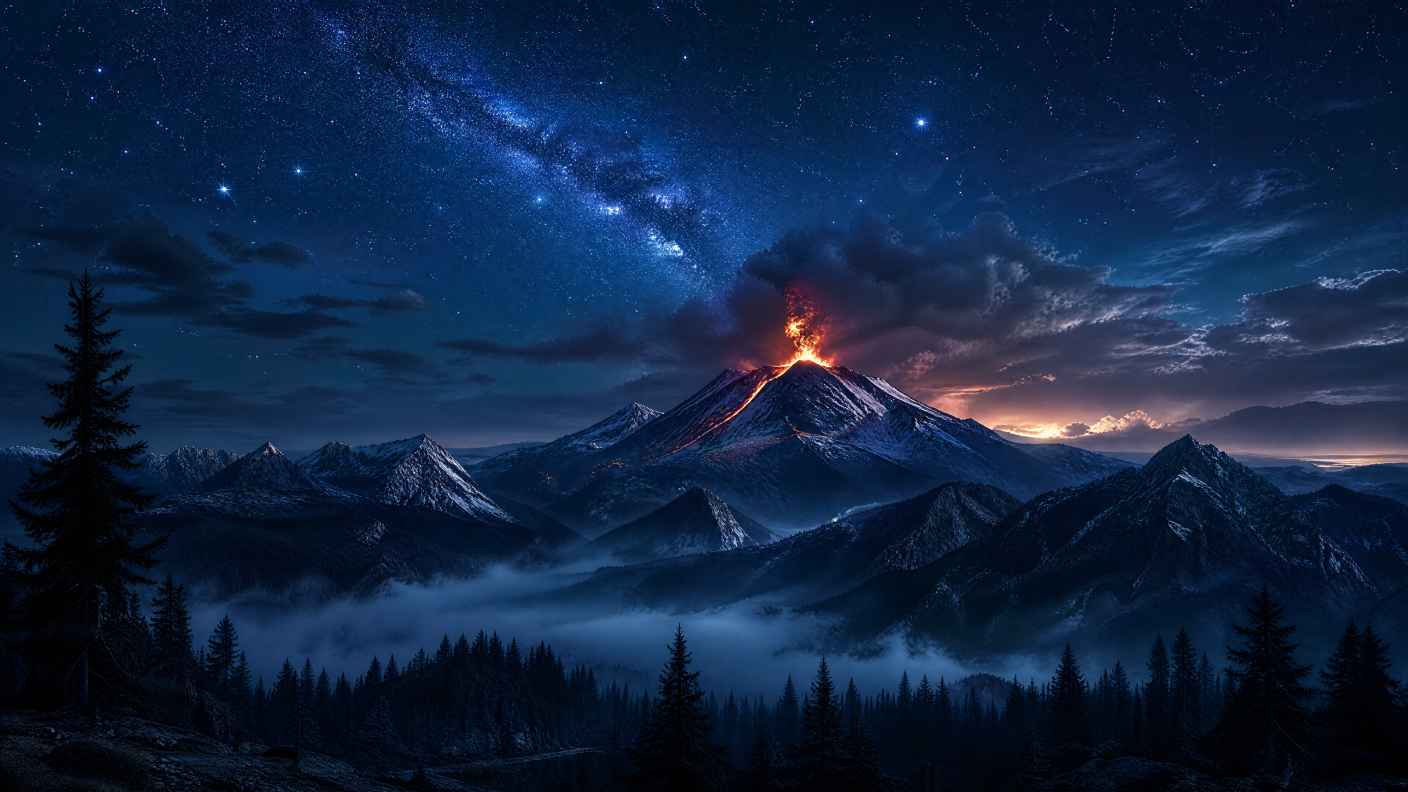 自然 景观 山脉 树木 火山 云 星星 夜雾 4K壁纸