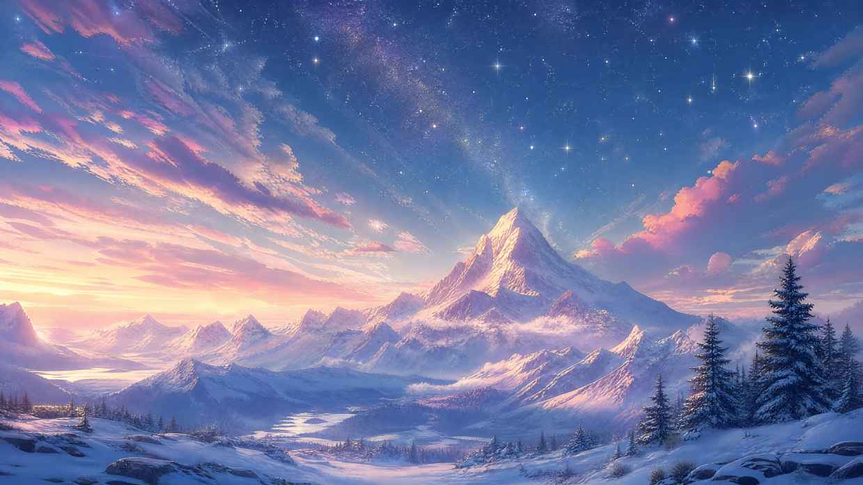艺术 山 雪 绘画 自然 星星 天空 云 4K壁纸
