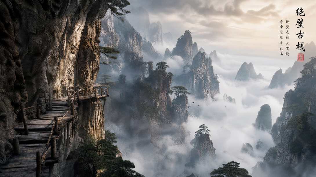 绝壁古栈 云雾缭绕 奇峰险峻 雄奇古风 4K 壁纸