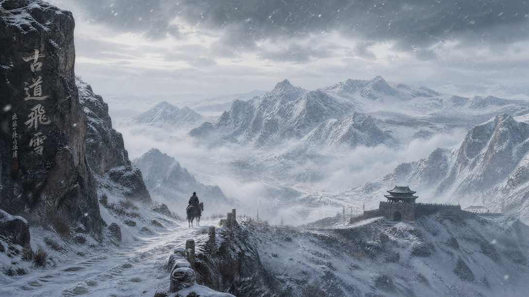 古道飞雪 塞外寒山 天地苍茫 雄浑古风 4K 壁纸