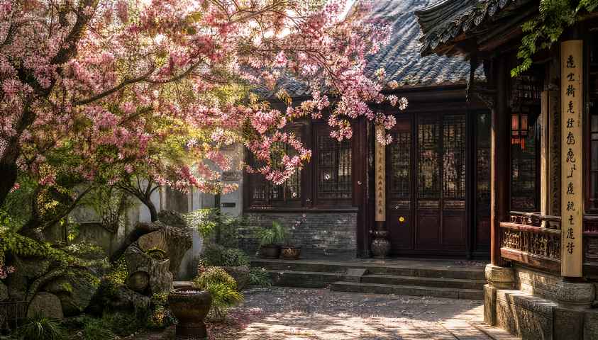 古宅庭院 海棠花开 春日光影 雅致古风 4K 壁纸