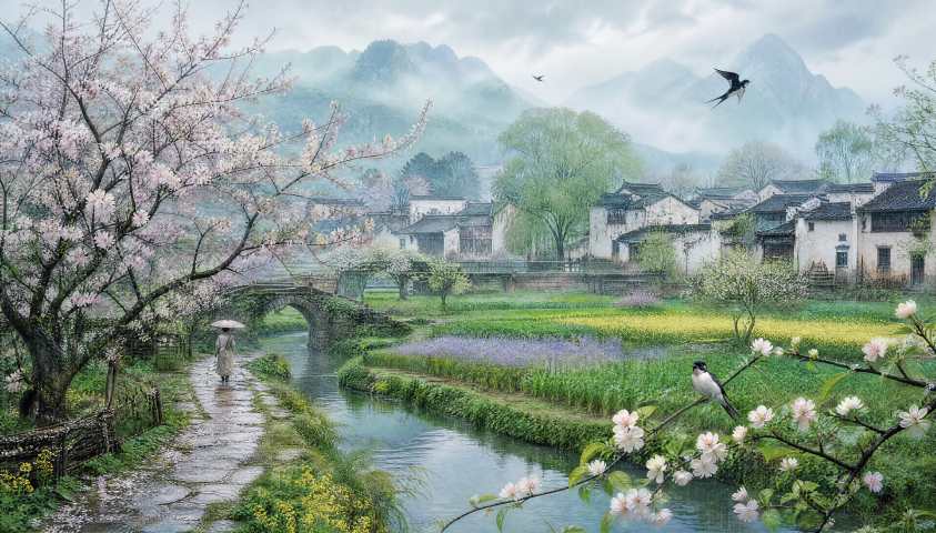 杏花微雨 古村阡陌 草长莺飞 国风春景 4K 壁纸