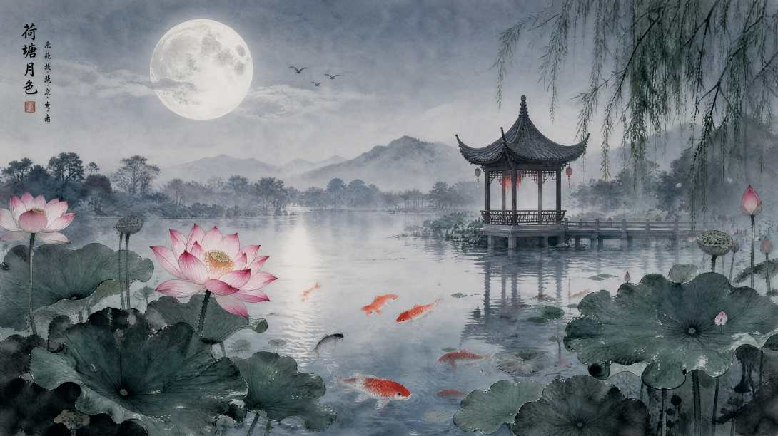 荷塘月色 莲花亭亭 锦鲤游弋 水墨国风 4K 壁纸