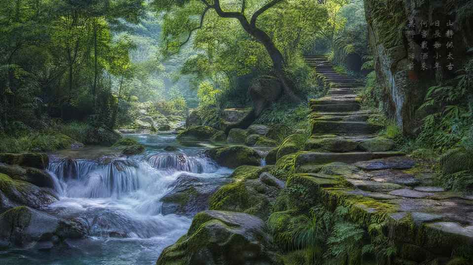 山石流水 青苔石阶 山林野趣 清逸国风 4K 壁纸
