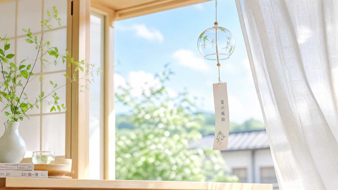 夏日风铃 窗边轻响 白色与浅木色 清新日系 4K壁纸