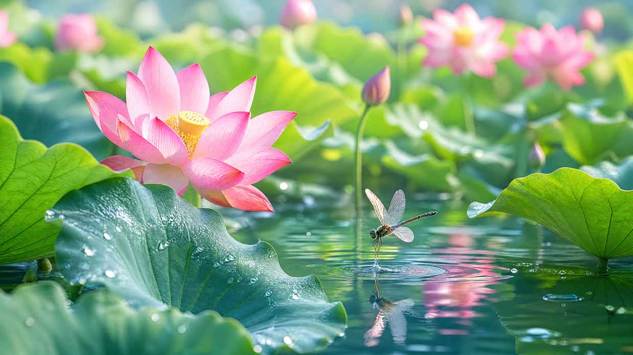 夏日荷塘 粉色荷花 碧绿荷叶 蜻蜓点水 清新唯美 4K壁纸