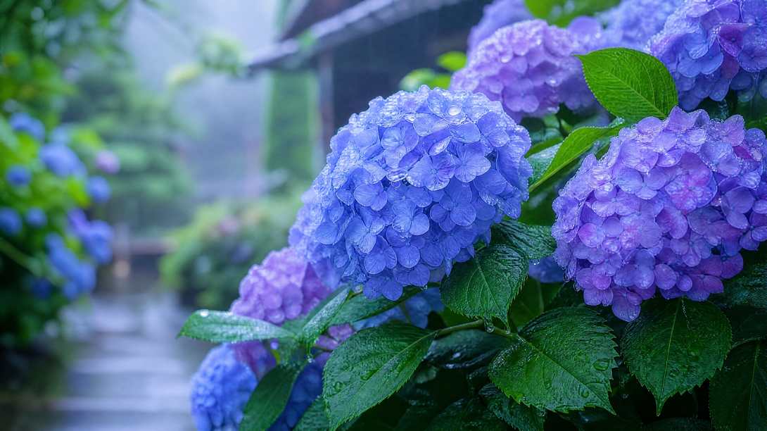 夏日紫阳花 蓝紫色花朵 雨后湿润 清新柔和 4K壁纸