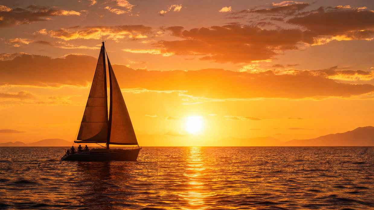 帆船夕阳 白帆剪影 海面金光 远方天空 唯美航海 4K 壁纸