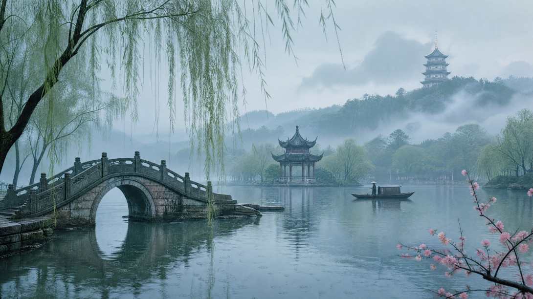 西湖烟雨 断桥残柳 水波潋滟 江南古风 4K 壁纸