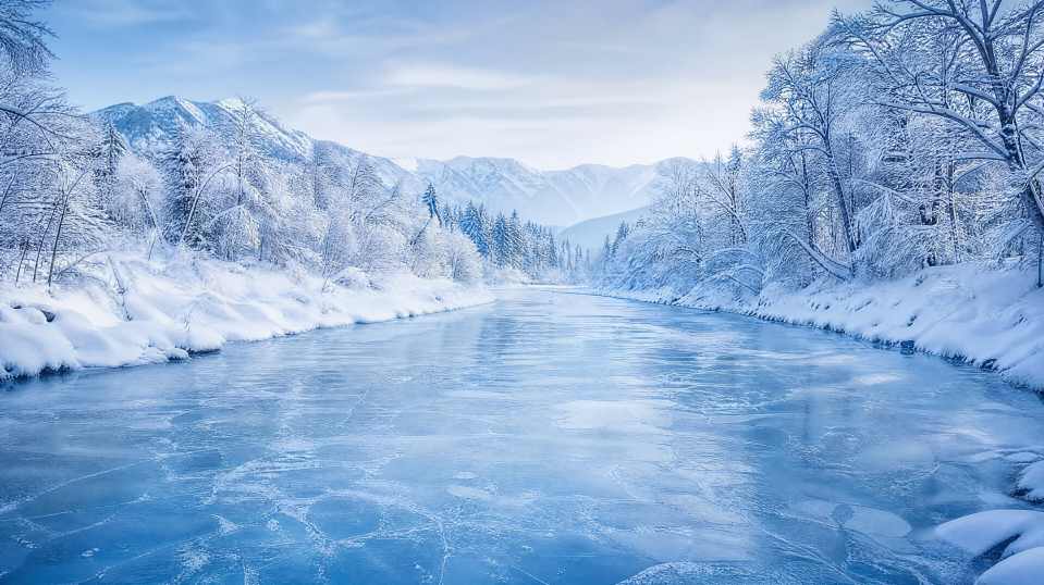 雪与河流 河流冰封 两岸积雪 静谧冬景 4K壁纸