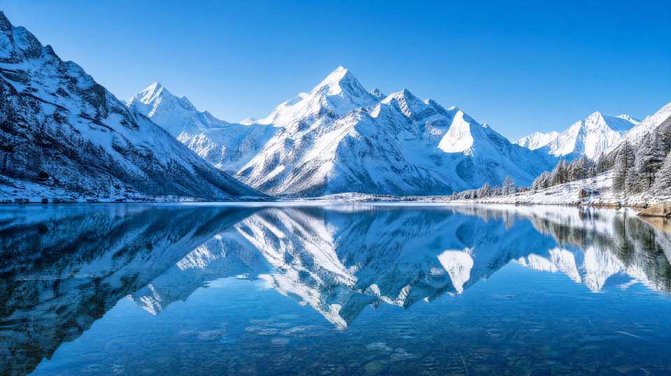 冬日雪山倒影 平静冰湖 雪峰倒影 纯净镜像 4K壁纸