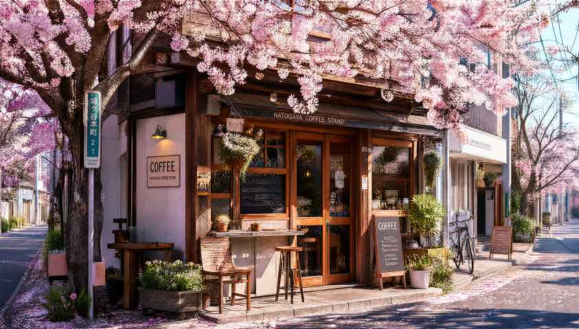 樱花与咖啡屋 街角小店 花树遮阳 文艺春日 4K壁纸