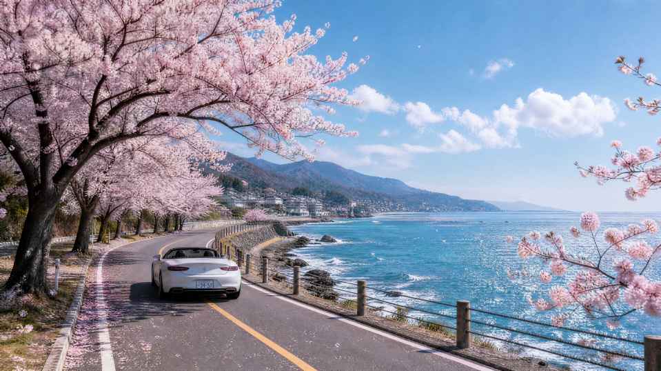 樱花与海岸线 沿海公路 花树伴海 自驾治愈 4K壁纸