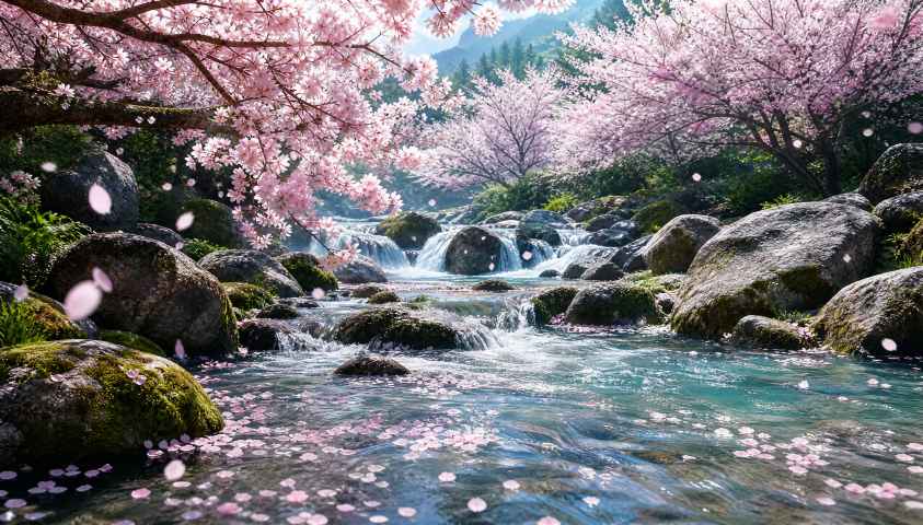 樱花与溪流 山涧清溪 花瓣逐水 清凉春意 4K壁纸