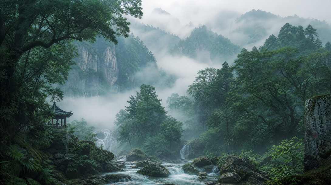 深山密林 晨雾弥漫 溪水潺潺 清幽国风 4K 壁纸