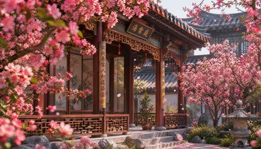海棠花与古风庭院 雕梁画栋 海棠盛放 雅致国风 4K壁纸