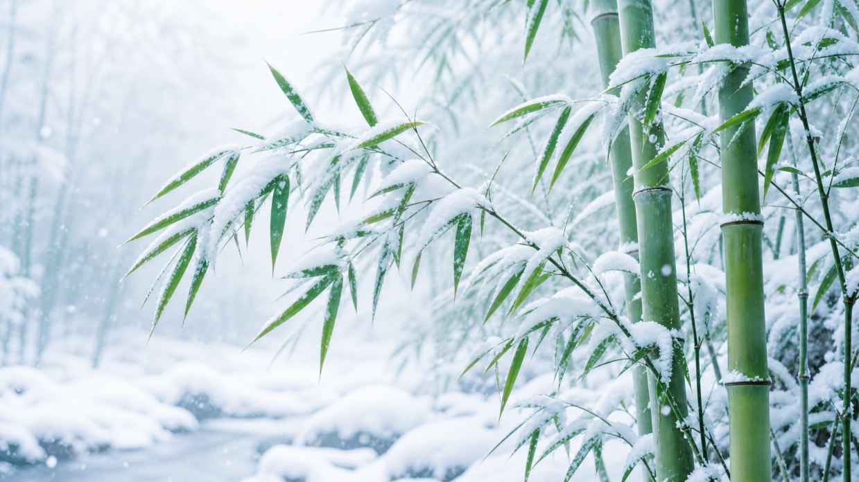 雪与翠竹 翠竹积雪 青白相映 清雅冬景 4K壁纸