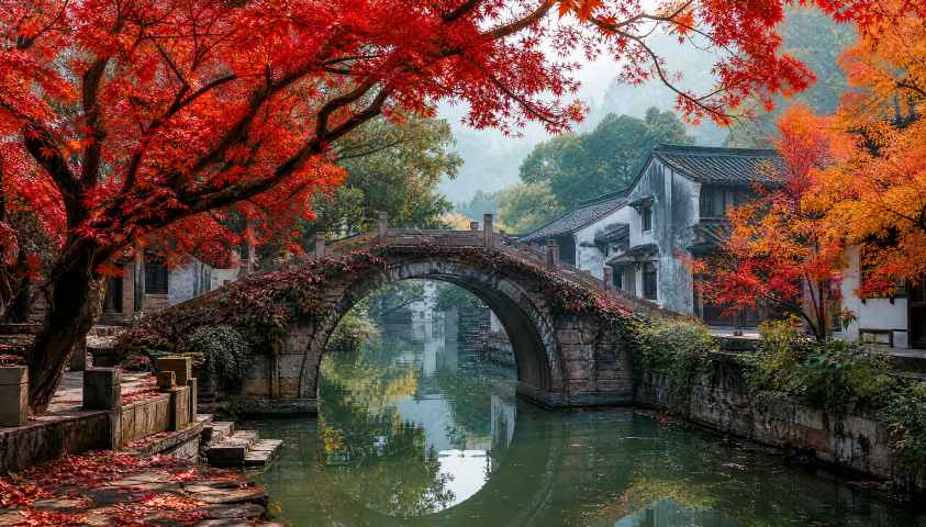 红枫与古桥流水 小桥流水 红枫傍岸 江南秋韵 4K壁纸