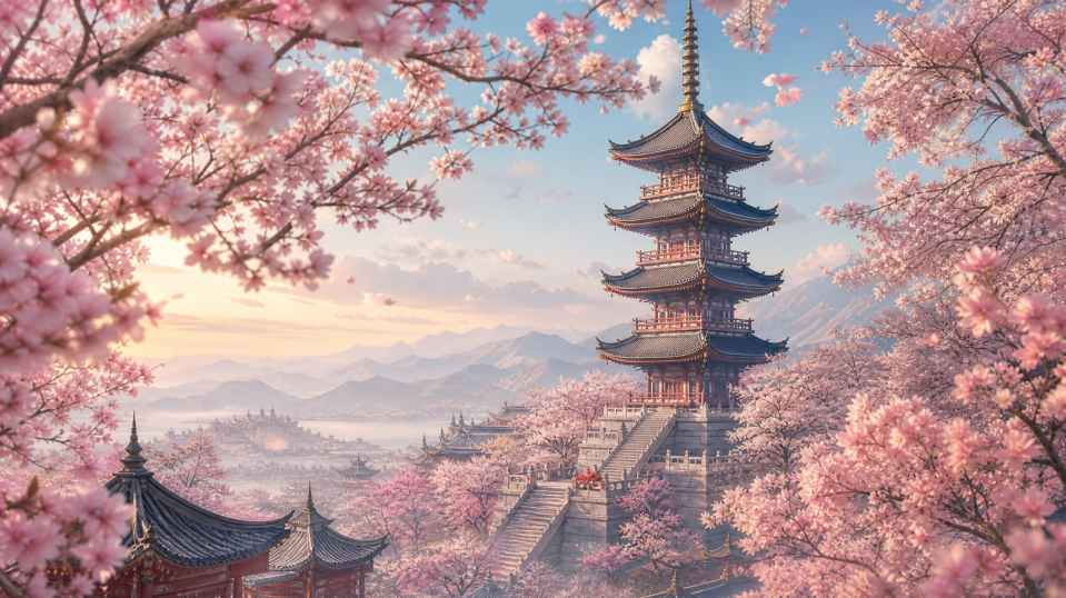 樱花与塔 古风高塔 花树环绕 古韵悠长 4K壁纸