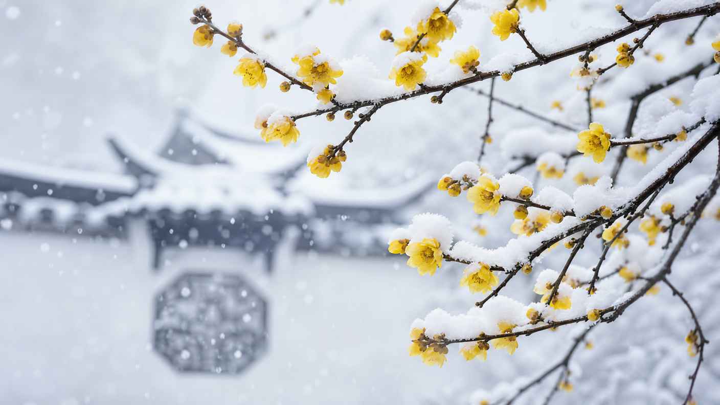 雪与腊梅 腊梅傲雪 黄花白雪 清雅冬日 4K壁纸