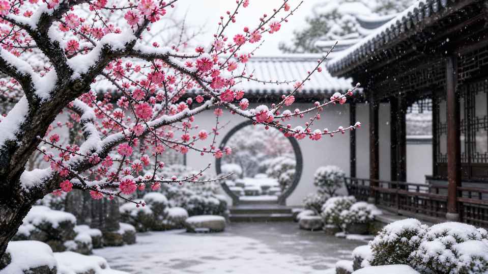 雪与梅花庭院 庭院梅树 傲雪绽放 雅致冬日 4K壁纸