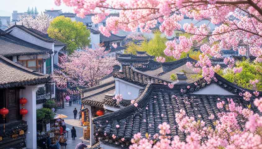 樱花与青瓦 中式民居 青瓦花影 市井春日 4K壁纸