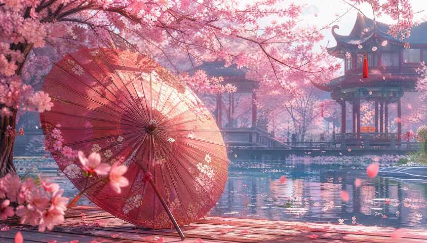 樱花与纸伞 古风场景 纸伞樱花 唯美国风 4K壁纸