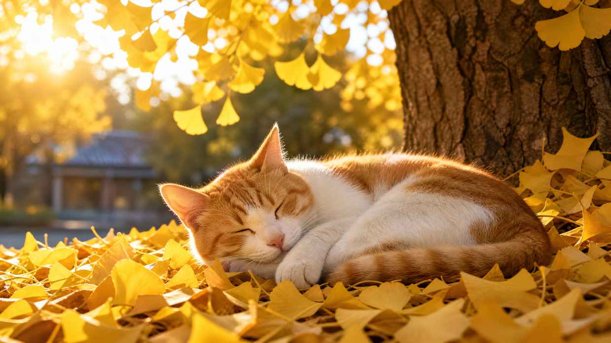 银杏与猫 猫咪卧于落叶上 阳光暖身 治愈秋日 4K壁纸