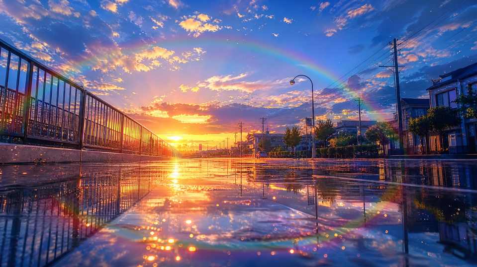 雨后天晴夕阳 湿润地面 彩虹微光 天空清透 唯美治愈 4K 壁纸
