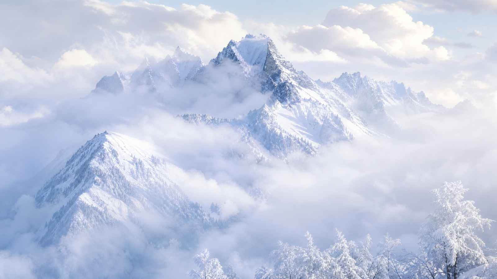 冬日雪山云雾 雪峰云雾 若隐若现 仙境冬景 4K壁纸