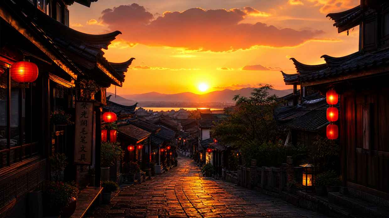 古镇夕阳 青石路暖光 灯笼初亮 屋檐剪影 唯美街巷 4K 壁纸