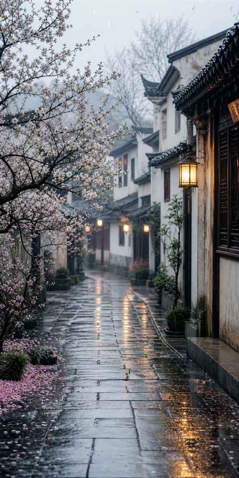 杏花微雨 细雨沾花 江南街巷 朦胧诗意 4K壁纸