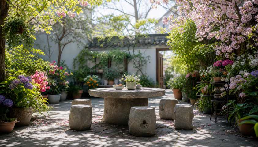 春日庭院花事 盆栽花卉 石桌石凳 闲逸春日 4K壁纸