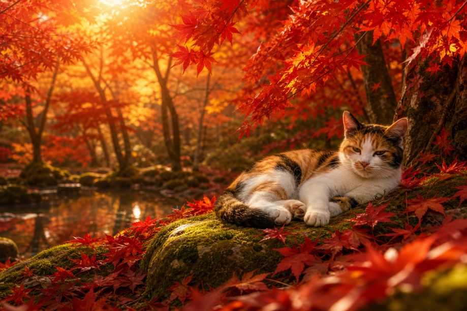 秋日枫林与猫 三花猫 红叶林 慵懒治愈 4K壁纸
