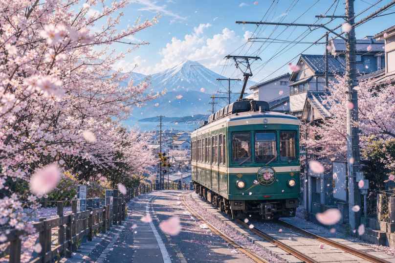 电车樱花道 列车穿行 花瓣飞舞 日系清新 4K壁纸