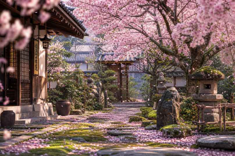 樱花庭院 石径青苔 落英缤纷 雅致春日 4K壁纸