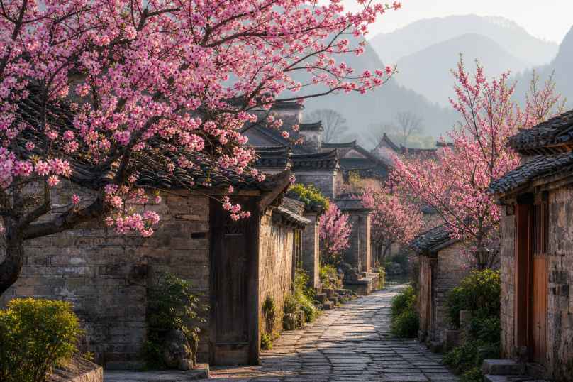 桃花与古村落 古村巷陌 桃花掩映 岁月静好 4K壁纸