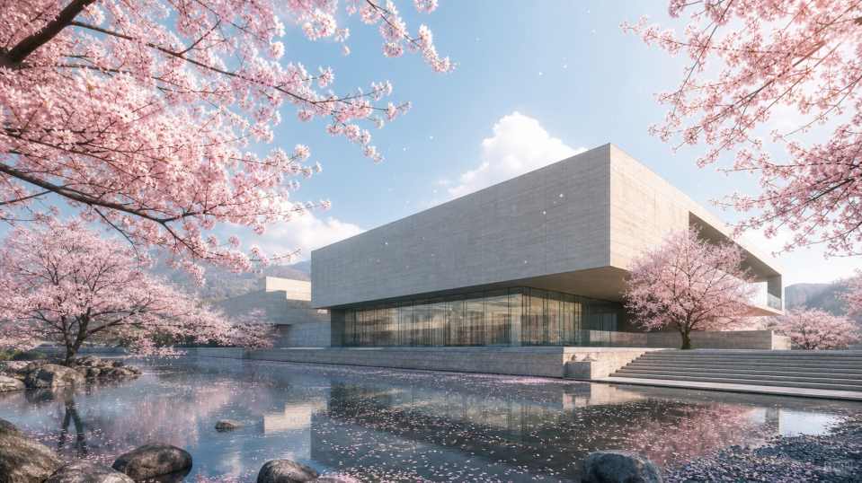 樱花与美术馆 简约建筑 花树点缀 艺术春日 4K壁纸