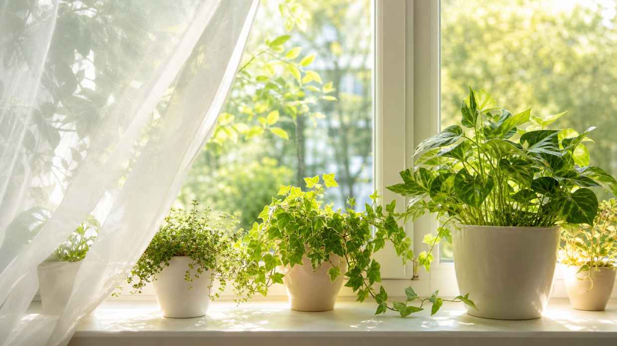 夏日窗台 白色窗帘 绿植盆栽 阳光透入 清新治愈 4K壁纸