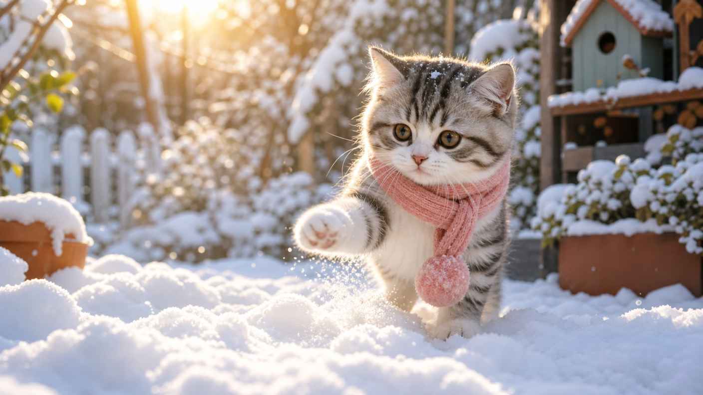 冬日暖阳与猫咪玩雪 猫咪踩雪 阳光照耀 萌趣治愈 4K壁纸