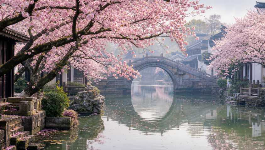 樱花与石桥 石拱桥畔 花树低垂 江南春景 4K壁纸