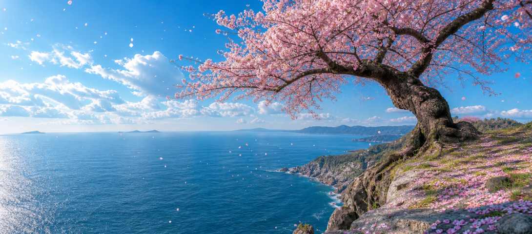 樱花与大海 悬崖花树 碧海蓝天 壮阔清新 4K壁纸