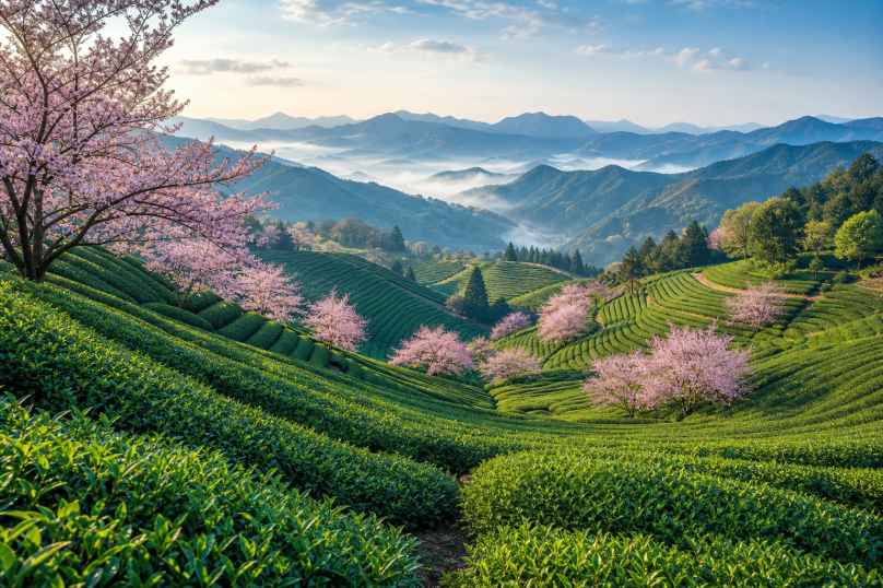 樱花茶园 茶树叠翠 粉花点缀 山间春意 4K壁纸