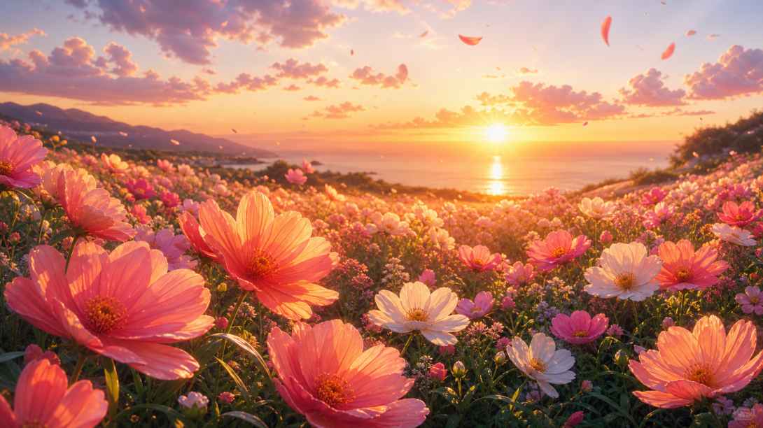 花海夕阳 花瓣泛金 微风轻拂 色彩柔和 唯美花卉 4K 壁纸