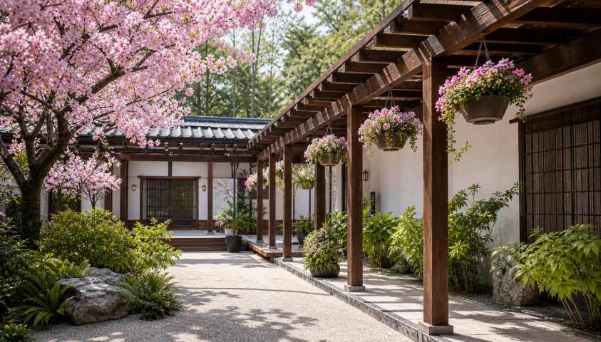 樱花和风院 木架花垂 白砂绿植 清新雅致 4K壁纸