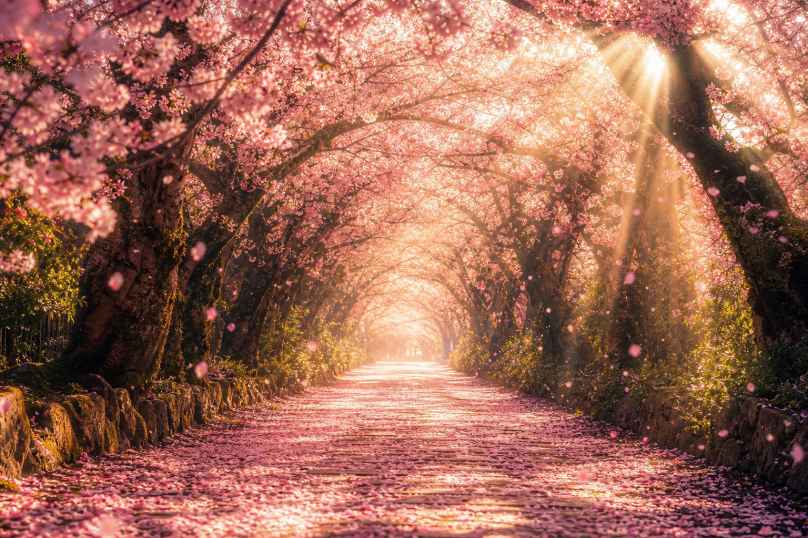 樱花隧道 花枝拱廊 阳光穿透 梦幻花路 4K壁纸