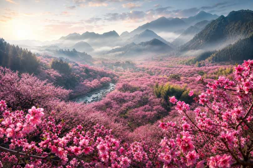 桃花山谷 粉红花海 远山如黛 春日秘境 4K壁纸